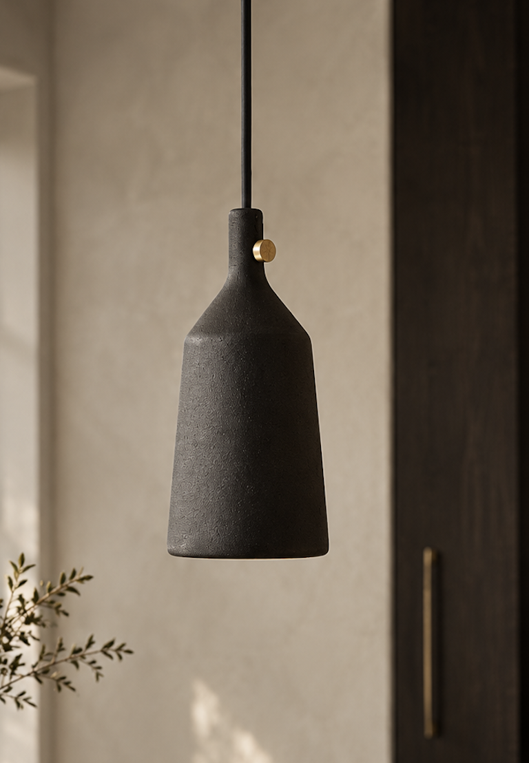 Textured black pendant light and dark timber cabinetry in the Brandenburg home
