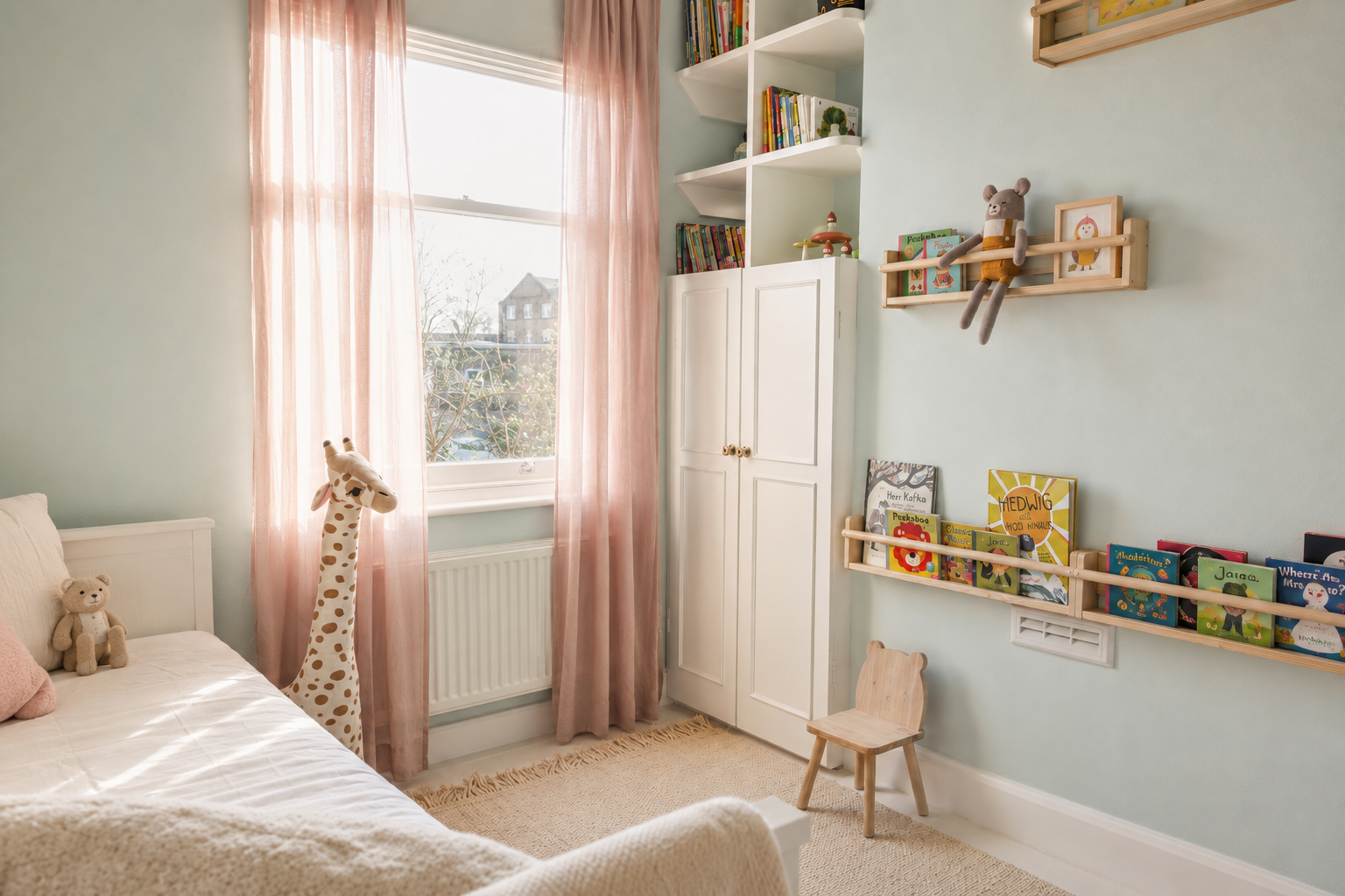 Children's bedroom in the London townhouse with pink curtains, books and pale timber furniture