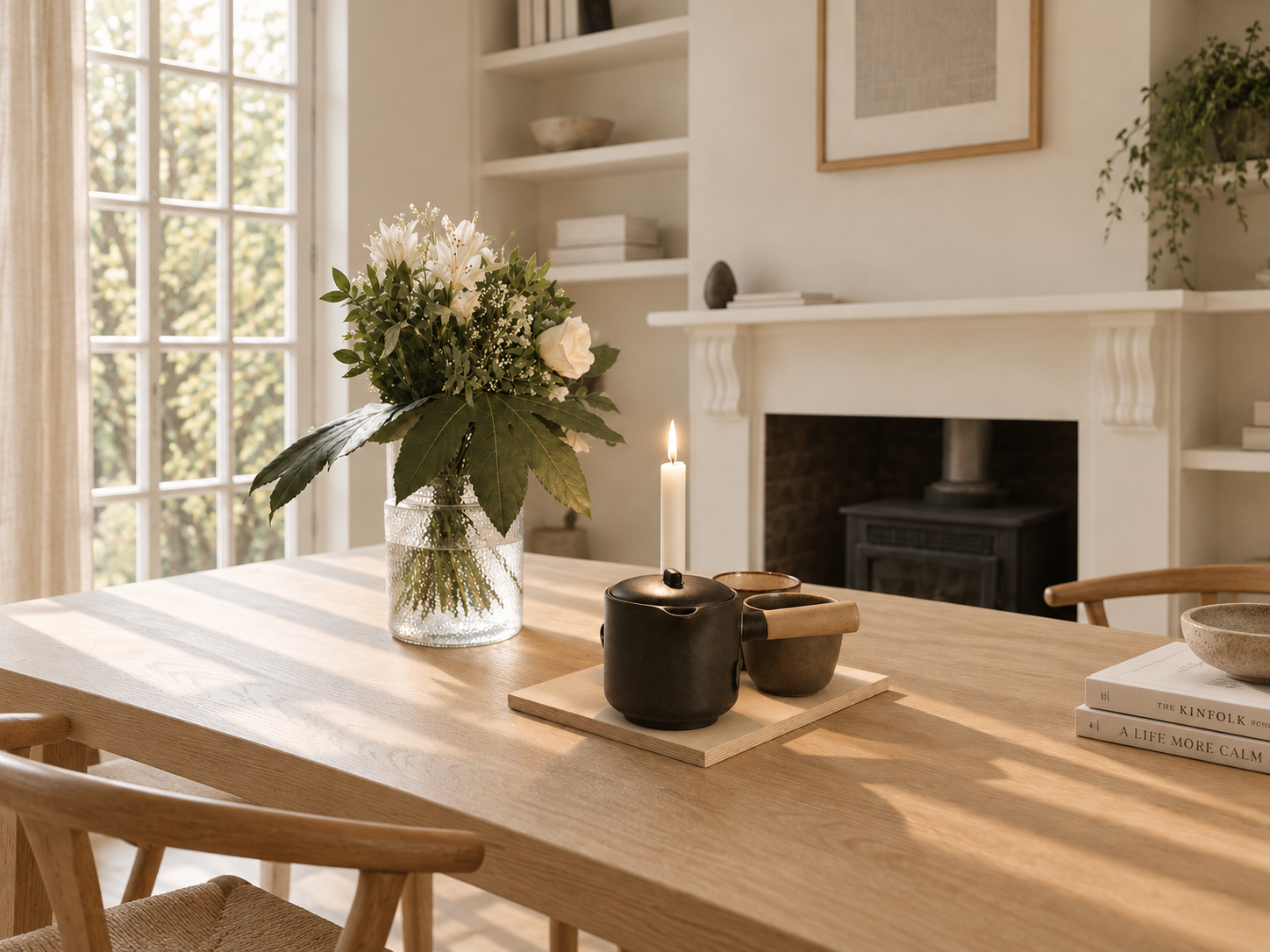 Dining table in the London townhouse with garden flowers, ceramics and a lit candle