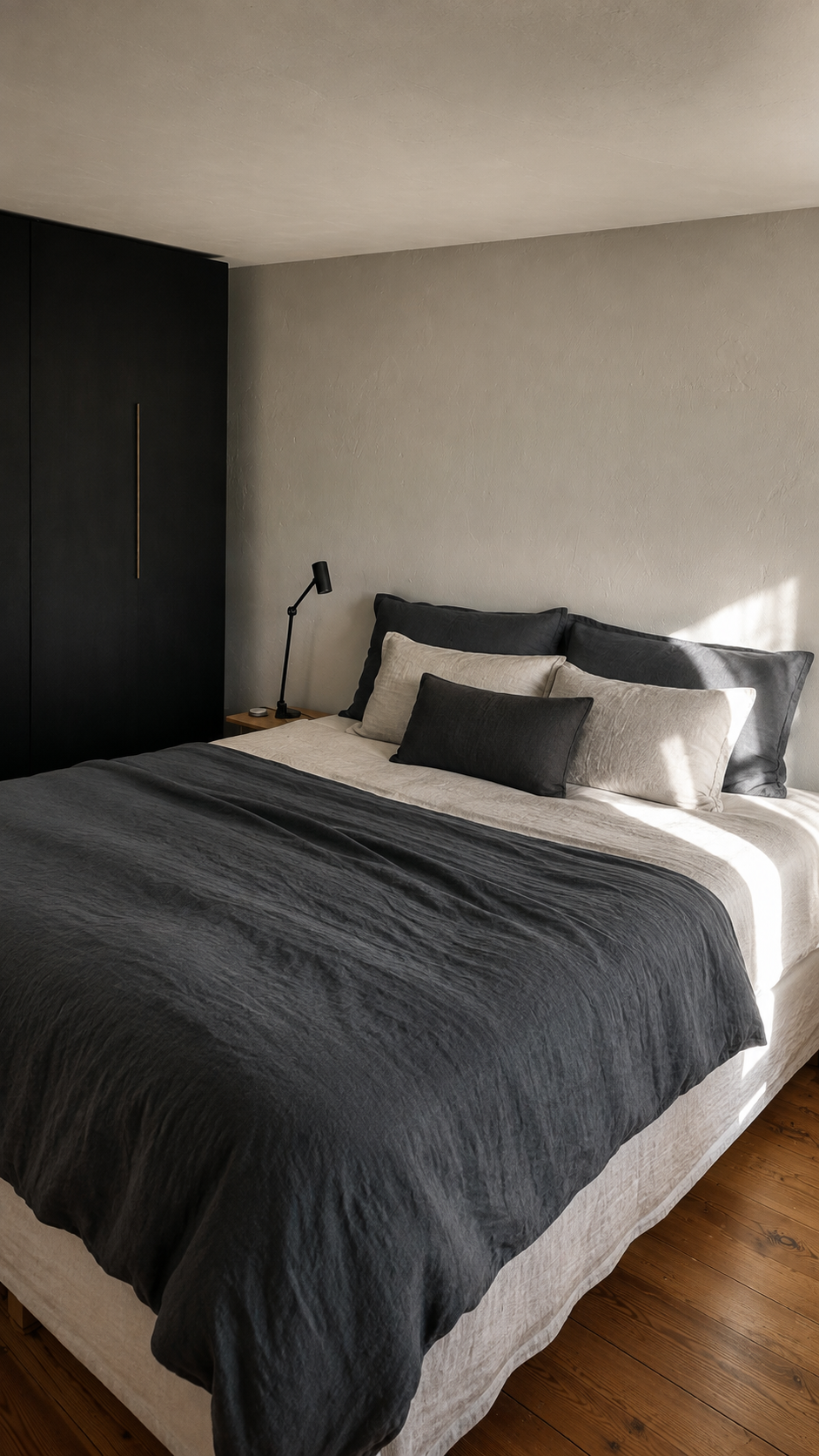 Bedroom in the Brandenburg home with dark linen bedding, pale walls and dark fitted cabinetry