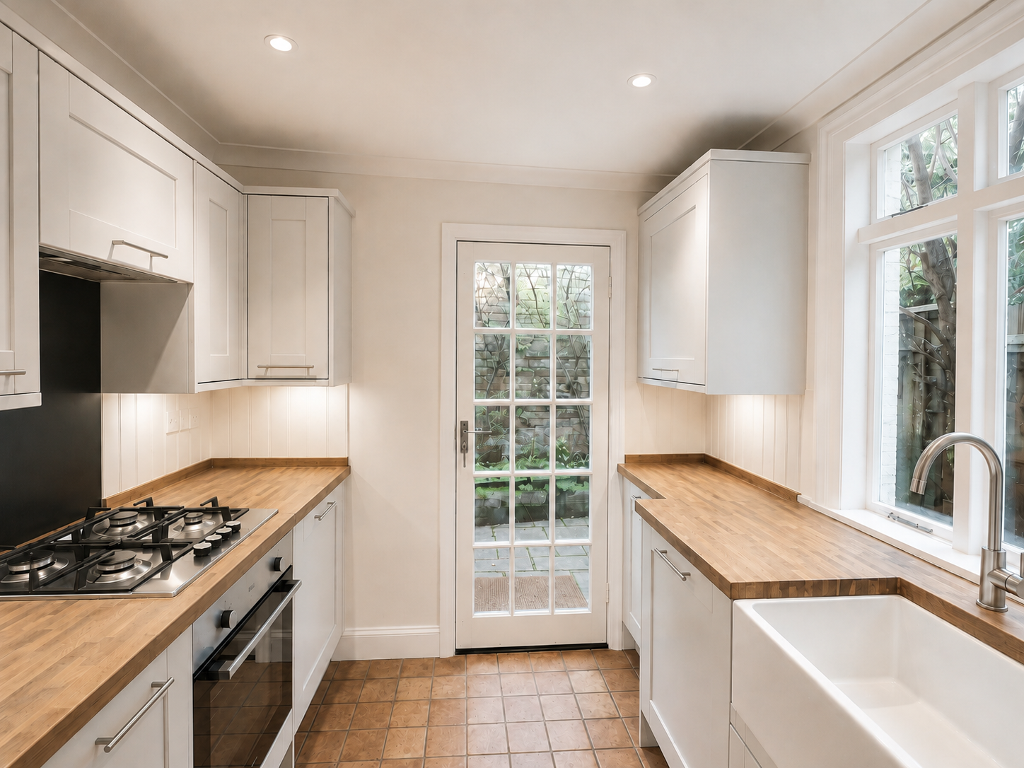 Galley kitchen of the London townhouse with timber worktops and a garden door