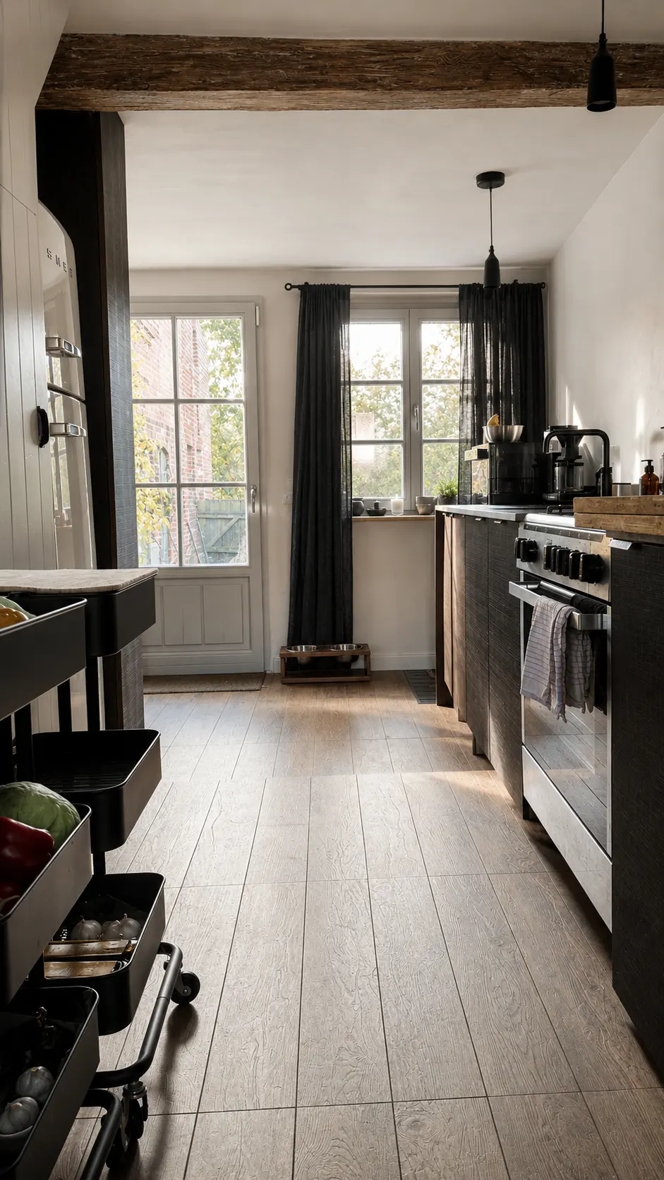 Long galley kitchen in the Brandenburg home with dark cabinetry and garden doors