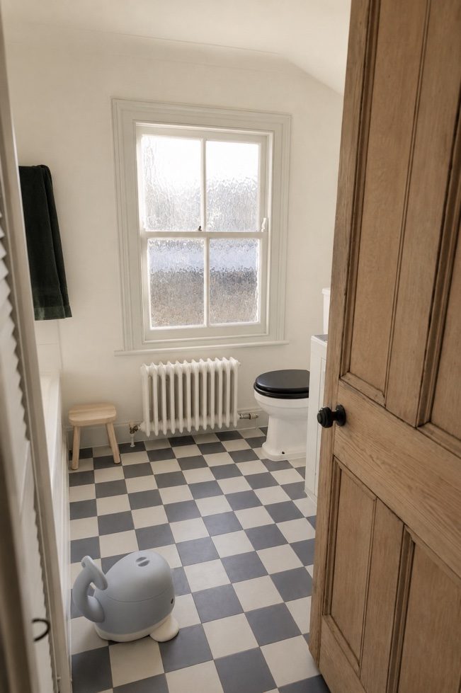 Bathroom of the London townhouse with chequerboard floor tiles