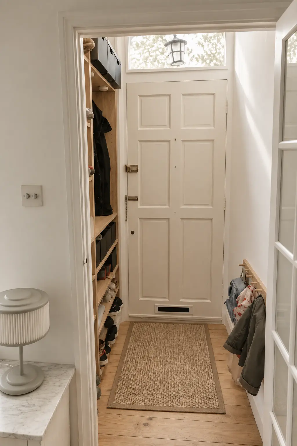 Entrance hall of the London townhouse with open shelving and a natural fibre runner