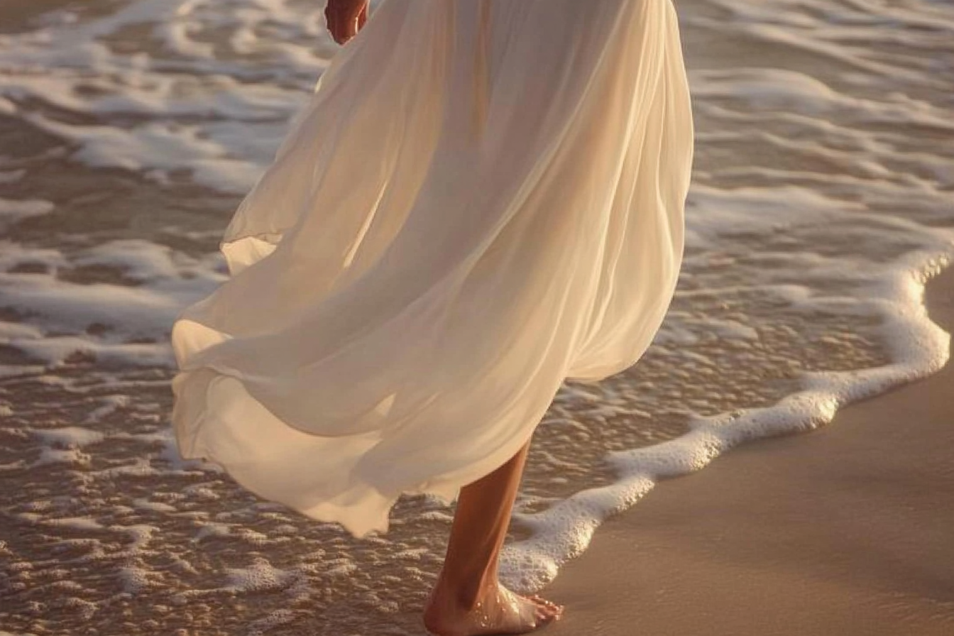 Woman walking at the water's edge in warm evening light, illustrative of the feeling planned for CELANT retreats