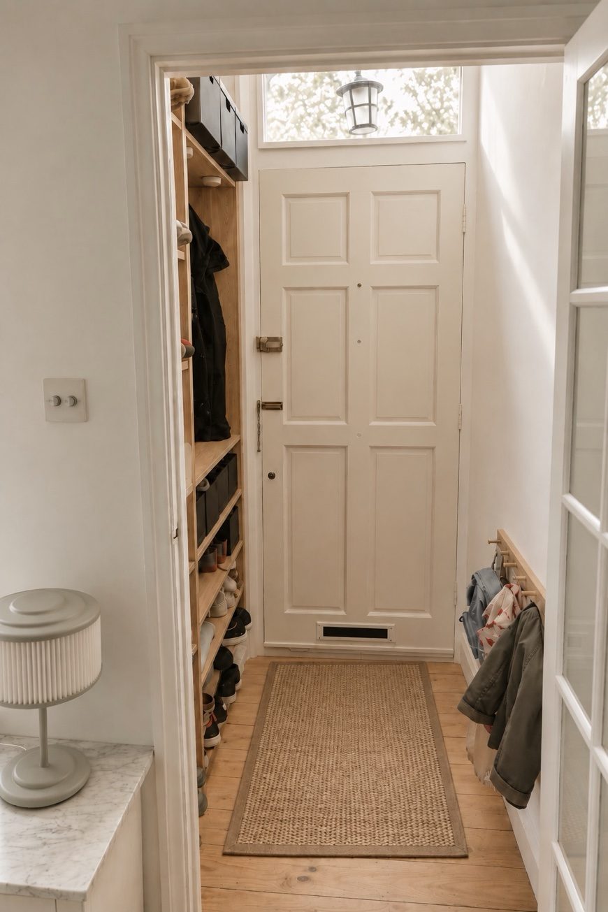 Open oak wardrobe at the entrance of the London townhouse